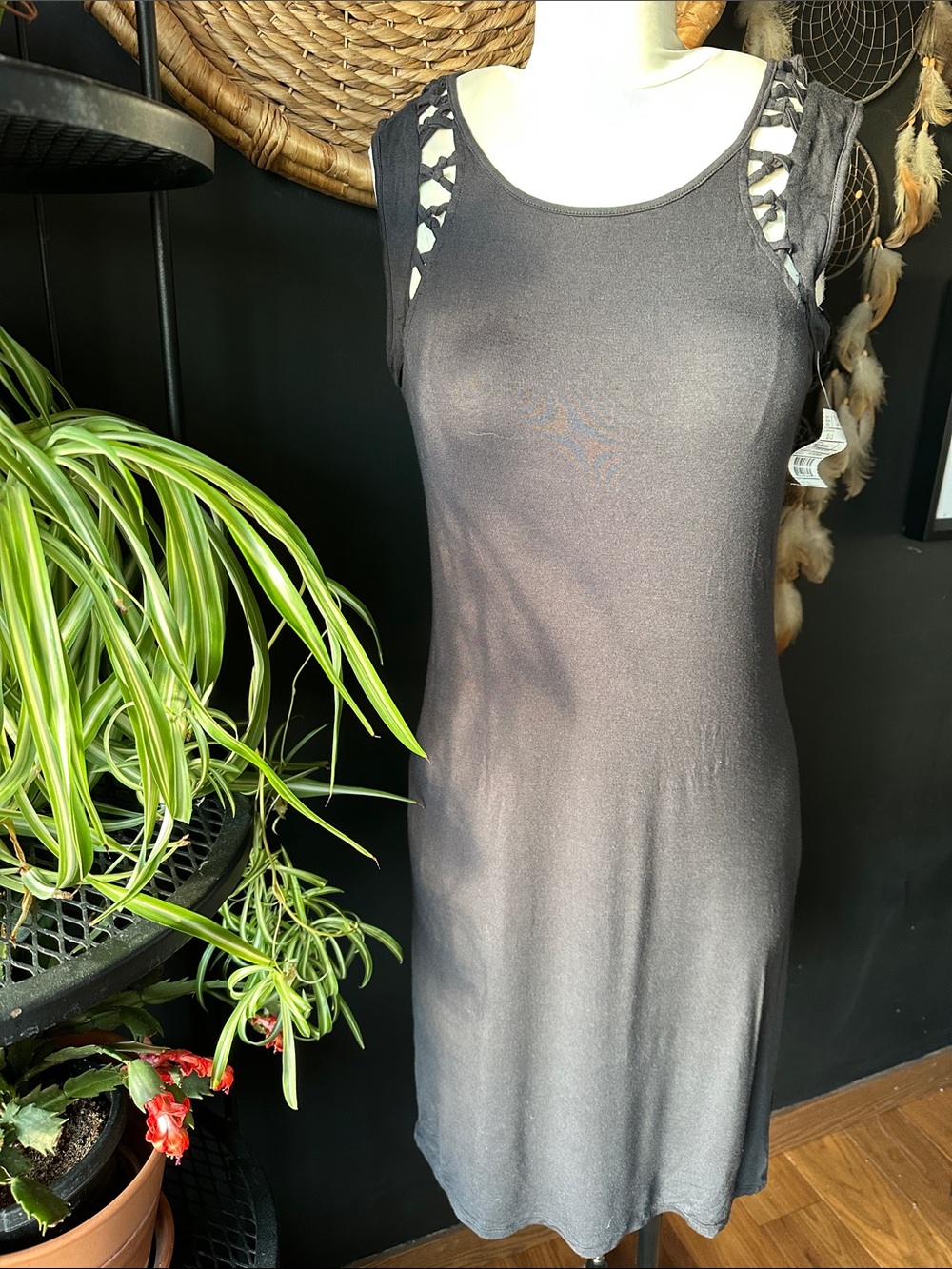 Free People Charcoal Gray Sleeveless Dress with Lattice Shoulder